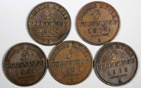 German States PRUSSIA Copper LOT OF 5 COINS 1867-1872 3 Pfennig KM# 482 (19 454)