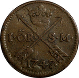 Sweden Frederick I (1720-1751) Copper 1747 S.M. 1 ORE Avesta Mint KM#416.1 (625)