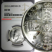 GREAT BRITAIN George V Silver 1915 Florin 2 Shillings NGC  AU58 KM# 817 (115)