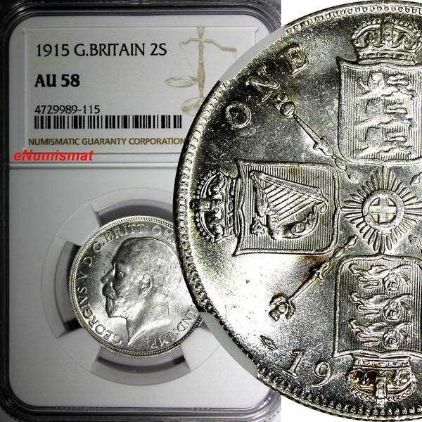 GREAT BRITAIN George V Silver 1915 Florin 2 Shillings NGC  AU58 KM# 817 (115)