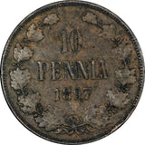 FINLAND Nicholas II Copper 1897 10 Pennia Mintage-502,000 KM# 14 (21 600)