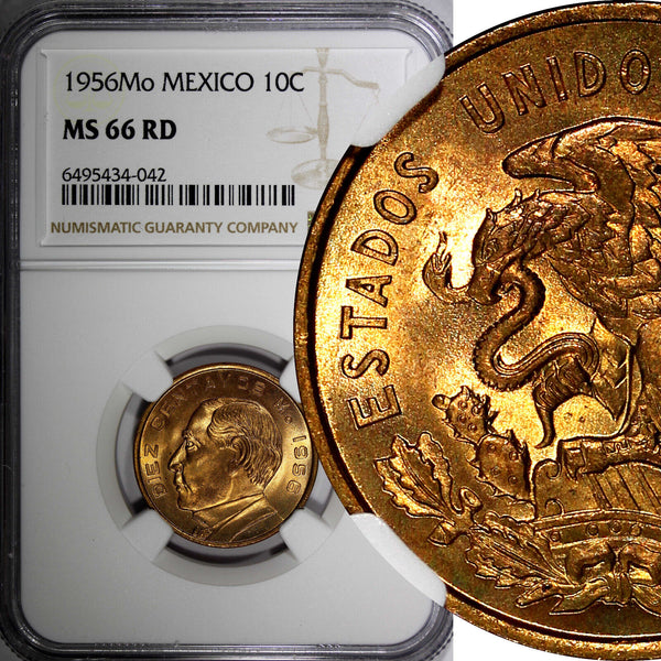 MEXICO Bronze 1956 Mo 10 Centavos BETTER DATE NGC MS66 RD TOP GRADED KM# 433(2)