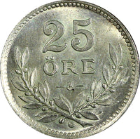 Sweden Gustaf V Silver 1937 G  25 Öre  Small "G" GEM BU KM# 785 (22 048)