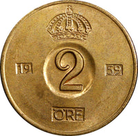 Sweden Gustaf VI Bronze 1959 TS 2 Ore GEM BU Toned KM# 821 (21 955)