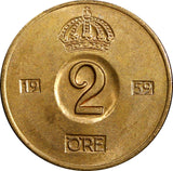 Sweden Gustaf VI Bronze 1959 TS 2 Ore GEM BU Toned KM# 821 (21 955)