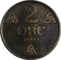 Norway Haakon VII Bronze 1909 2 Øre BETTER DATE RARE KM# 371 (19 380)