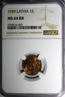 LATVIA Bronze 1939 1 Santims NGC MS64 RB Nice Red Toning BU KM# 10 (053)