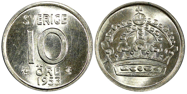 Sweden Gustaf VI SILVER 1953 10 Öre GEM BU COIN  KM# 823 (22 091)