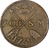 SWEDEN Adolf Frederick 1758 2 Ore,S.M Low Mintage- 91,000 SCARCE KM#461 (21 341)