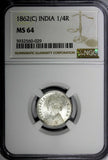 India-British Victoria Silver 1862 (C) 1/4 Rupee Calcutta NGC MS64 KM# 470 (029)