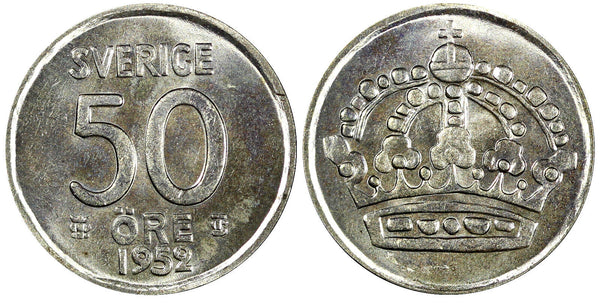 Sweden Gustaf VI Silver 1952 TS 50 Ore 1st Year Type KEY DATE UNC KM# 825 (114)