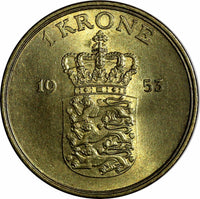 DENMARK Frederik IX Aluminum-Bronze 1953 NS 1 Krone KEY DATE UNC KM# 837.1
