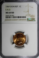 Dominican Republic Bronze 1969 1 Centavo NGC 64 RD F.A.O. RED TONING KM# 32 (02)