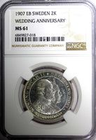 SWEDEN Oscar II Silver 1907 EB 2 Kronor NGC MS61 Golden Wedding Anniv.KM#776 (8)