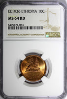 Ethiopia Haile Selassie I Copper EE 1936 10 Cents NGC MS64 RD FULL RED KM# 34(3)