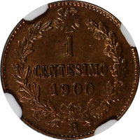 Italy Umberto I Copper 1900-R 1 Centesimo NGC MS65 RB TOP GRADED KM# 29 (238)