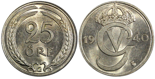 Sweden Gustaf V Nickel-Bronze 1940 G 25 Öre GEM BU  KM# 798 (22 037)