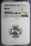 NORWAY Haakon VII Copper-Nickel 1954 10 Ore NGC MS64 KM# 396 (057)