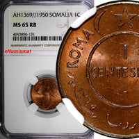Somalia Copper AH1369   1950 1 Centesimo NGC MS65 RB African Elephant KM# 1 (1)