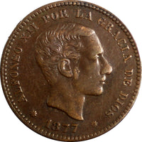 Spain Alfonso XII Bronze 1877 OM 5 Centimos VF/XF Condition KM# 674