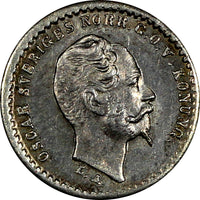 Sweden Oscar I (1844-1859) Silver 1855 G 10 Öre UNC KM# 683