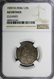 PERU Silver 1909 FG 1/5 Sol Mintage-42,000 NGC AU DETAILS SCARCE KM# 205.2 (041)