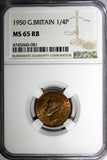 Great Britain George VI Bronze 1950 Farthing NGC MS65 RB KM# 867