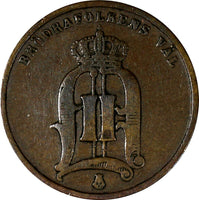 SWEDEN Oscar II Bronze 1878 2 ORE (Short Text) RARE DATE KM# 735