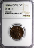 Portugal Bronze 1924 20 Centavos NGC MS63 BN 2 YEAR TYPE  KM# 574 (081)