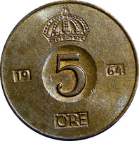 SWEDEN Bronze Gustaf VI 1964-U 5 ORE "50" IN Crown KM#822 SCARCE