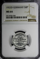 Germany, Weimar Republic Aluminum 1922 D 50 Pfennig NGC MS64 KM# 27 (038)