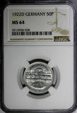 Germany, Weimar Republic Aluminum 1922 D 50 Pfennig NGC MS64 KM# 27 (038)