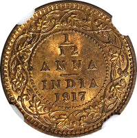 India-British George V Bronze 1917 (C) 1/12 Anna NGC MS66 RB TOP GRADE KM#509(6)