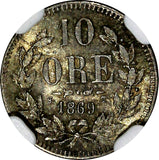 SWEDEN Carl XV  Silver 1869 ST 10 Ore Nice Toned Mintage-209,650 NGC MS63 KM#710