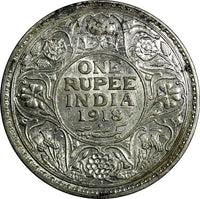 India-British George V Silver 1918 (B) 1 Rupee aUNC Mint Luster KM# 524 (18 821)