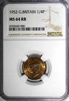 Great Britain George VI Bronze 1952 Farthing NGC MS64 RB KM# 867 (086)