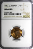 Great Britain George VI Bronze 1952 Farthing NGC MS64 RB KM# 867 (086)