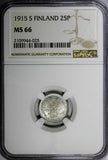 Finland Nicholas II Silver 1915 S 25 Pennia NGC MS66 WWI GEM BU KM #6.2 (025)