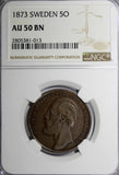 SWEDEN  BRONZE Oscar II 1873 5 Ore NGC AU50 BN  Low Mintage-783,000 KM# 730 (13)