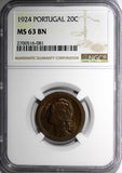 Portugal Bronze 1924 20 Centavos NGC MS63 BN 2 YEAR TYPE  KM# 574