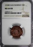 San Marino Bronze 1938-R 10 Centesimi NGC MS64 RB Mintage-400,000 KM# 13 (117)