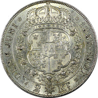 SWEDEN Oscar II Silver 1907 EB 2 Kronor Golden Wedding Anniv.UNC  KM#776 (132)