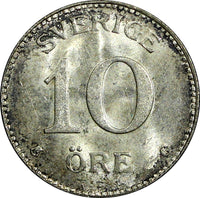 SWEDEN Gustaf V Silver 1935 G 10 Öre UNC Toned KM# 780 (21 899)
