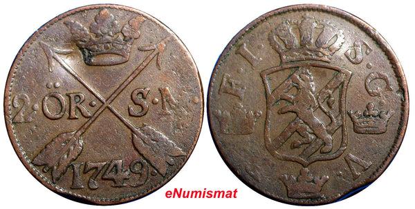 SWEDEN COPPER  Frederick I 1749 2 Ore, S.M.Struck at Avesta Mint KM# 437 (2332)