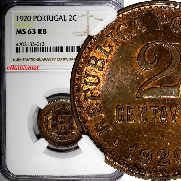 Portugal Bronze 1920 2 Centavos NGC MS63 RB  3 YEARS TYPE KM# 568 (013)