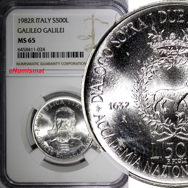 Italy Silver 1982 R 500 Lire Galileo Galilei NGC MS65 Mintage-198,000 KM#113 (4)
