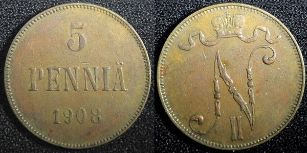 Finland Russian Nicolas II (1895-1917) Copper 1908 5 Pennia KM# 15  (23 735)