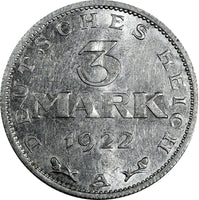Germany - Weimar Republic Aluminium 1922 A 3 Mark KM# 28 (19 822)