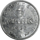 Germany - Weimar Republic Aluminium 1922 A 3 Mark KM# 28 (19 822)