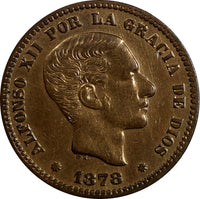 SPAIN Alfonso XII Bronze 1878 OM 5 Centimos Choice XF KM# 674 ( 14 667)